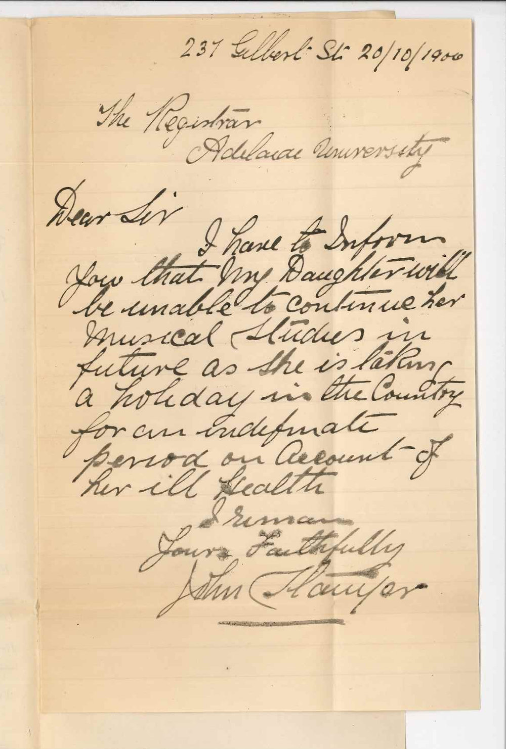 John Stanyer - Adelaide - Daughter will not continue lessons at the Conservatorium