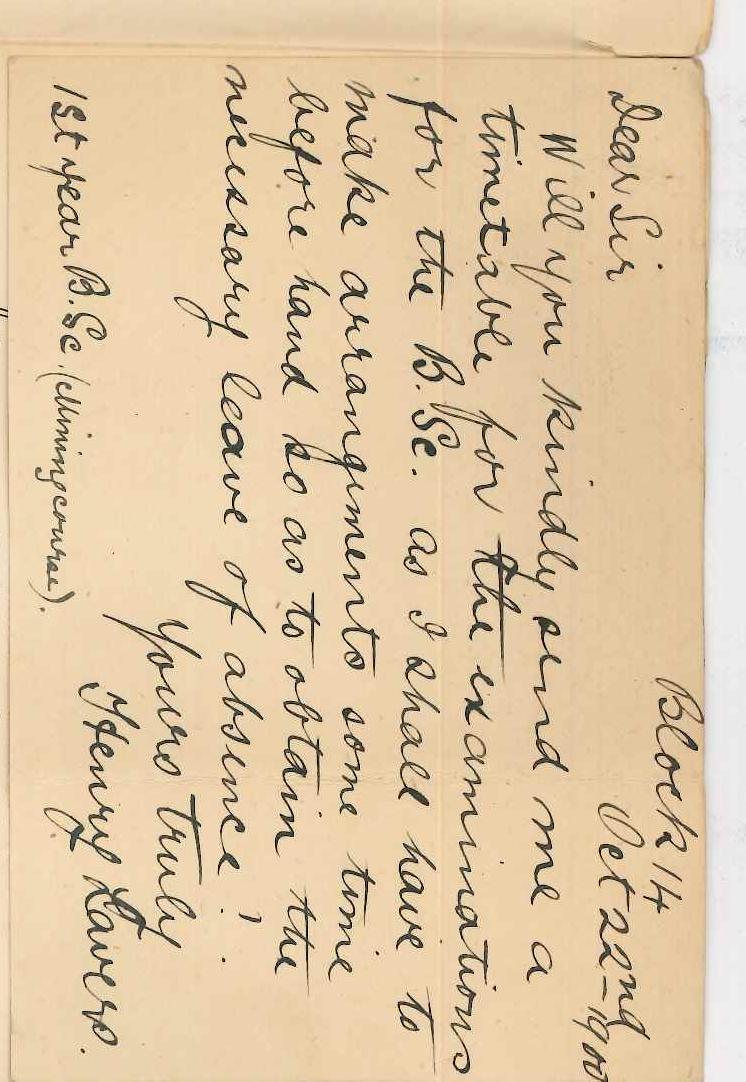 Henry Lavers - Port Adelaide - Entry for BSc Examination - Requesting Timetable of BSc Examinations