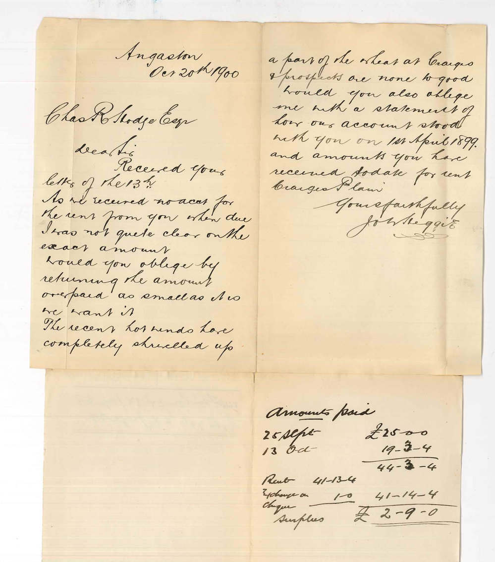 J and W Heggie - Angaston - Concerning rent of land at Craiges Plains