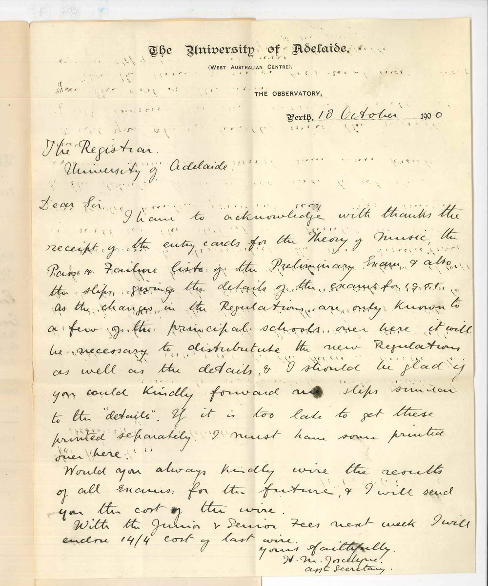 Henry Maurice Joscelyne - Perth - acknowledging receipt of exam entry cards, requesting regulations and that exam results be wired to Perth