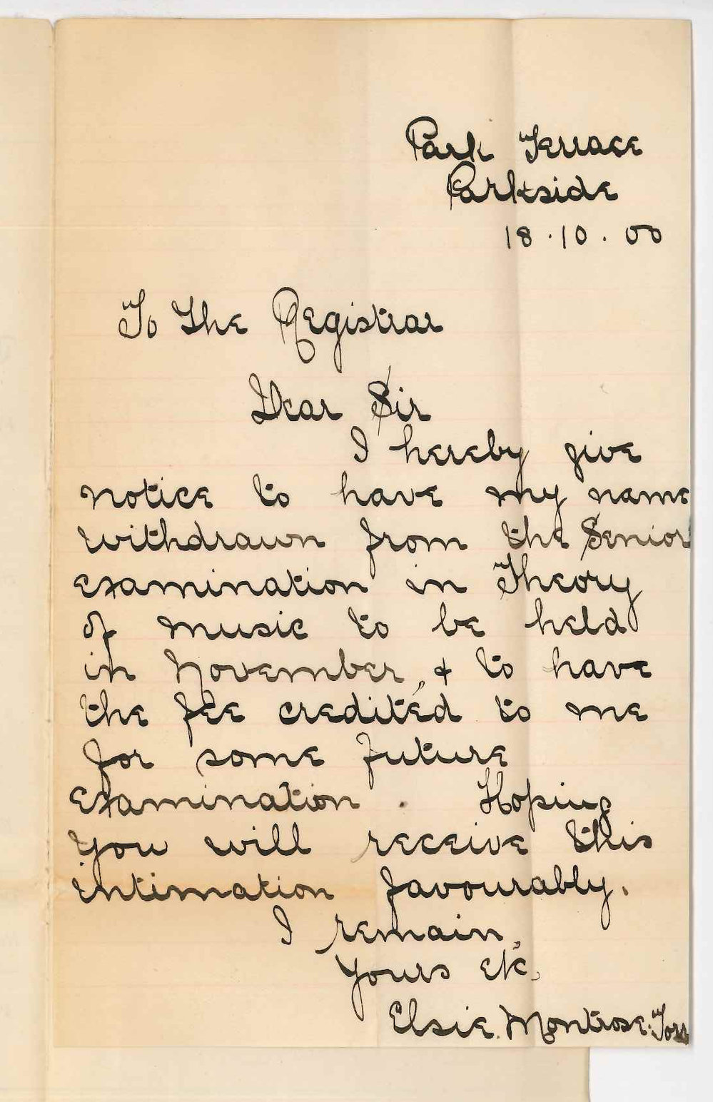 Miss E M Torr - Parkside - Withdrawing from Senior Theory Examination No 223