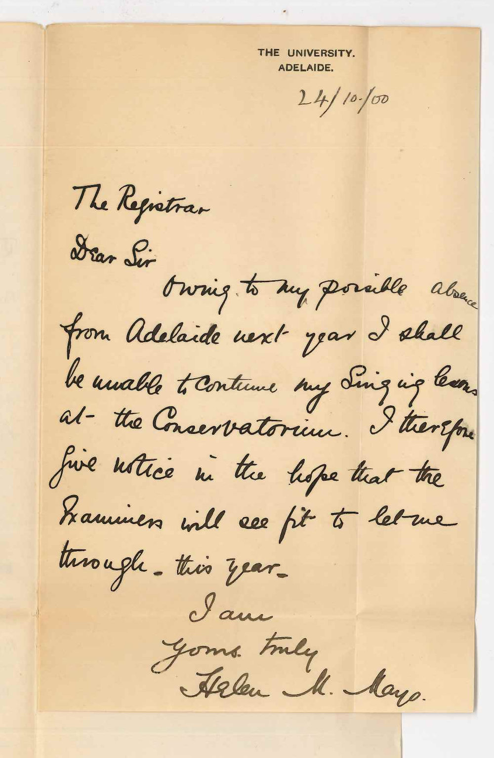 Miss Helen M Mayo - The University - Discontinuing lessons at the Conservatorium