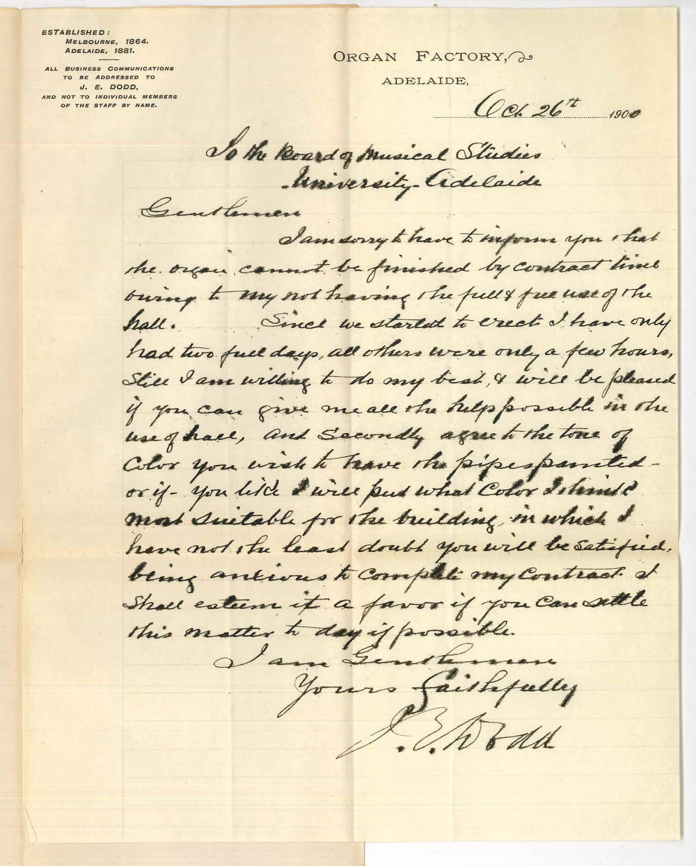 Josiah Eustace Dodd - Organ Factory - Adelaide - Concerning contract for Conservatorium Organ