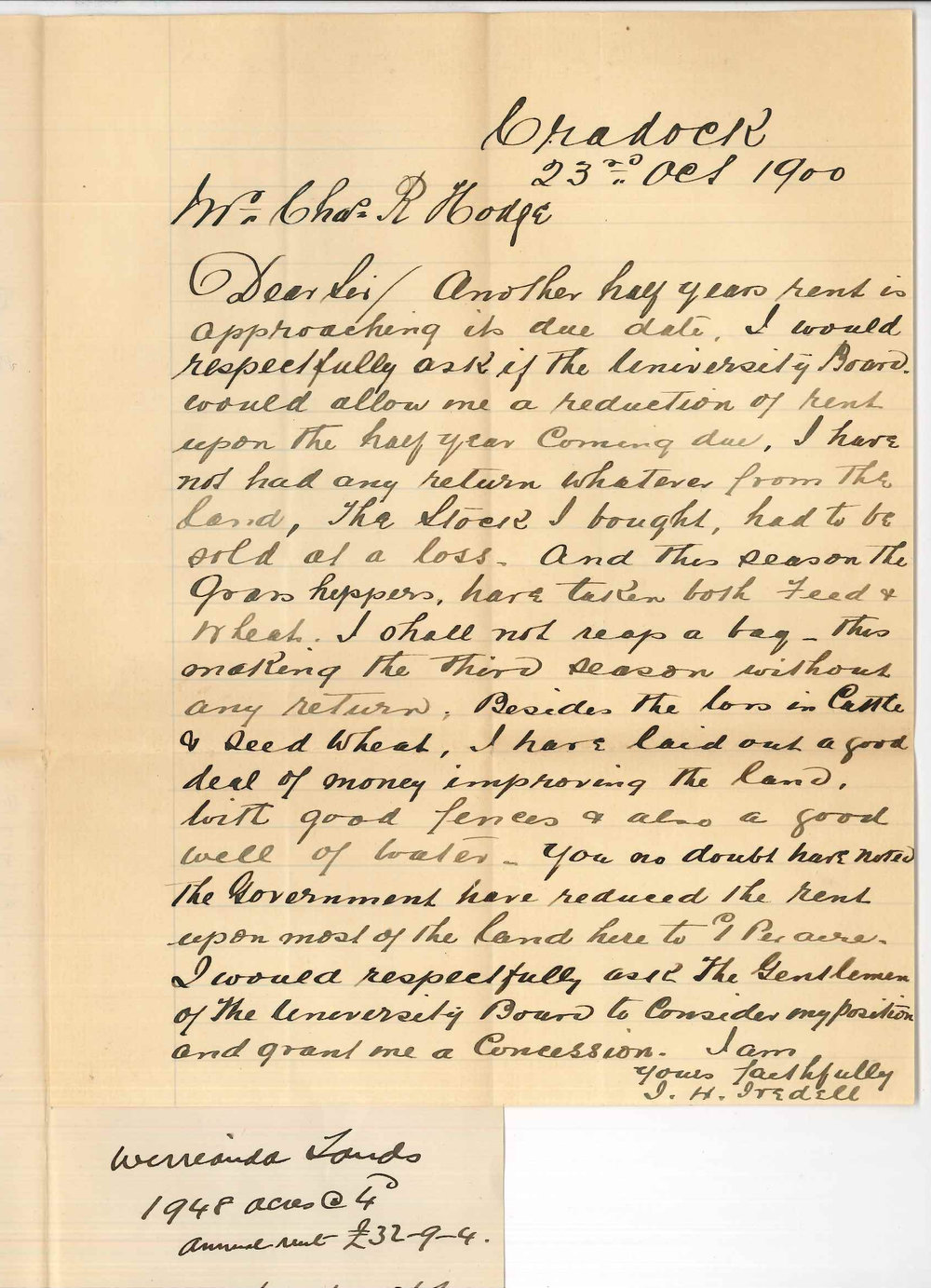 Joseph Hall Iredell - Cradock - Asking for reduction in rent of land at Cradock