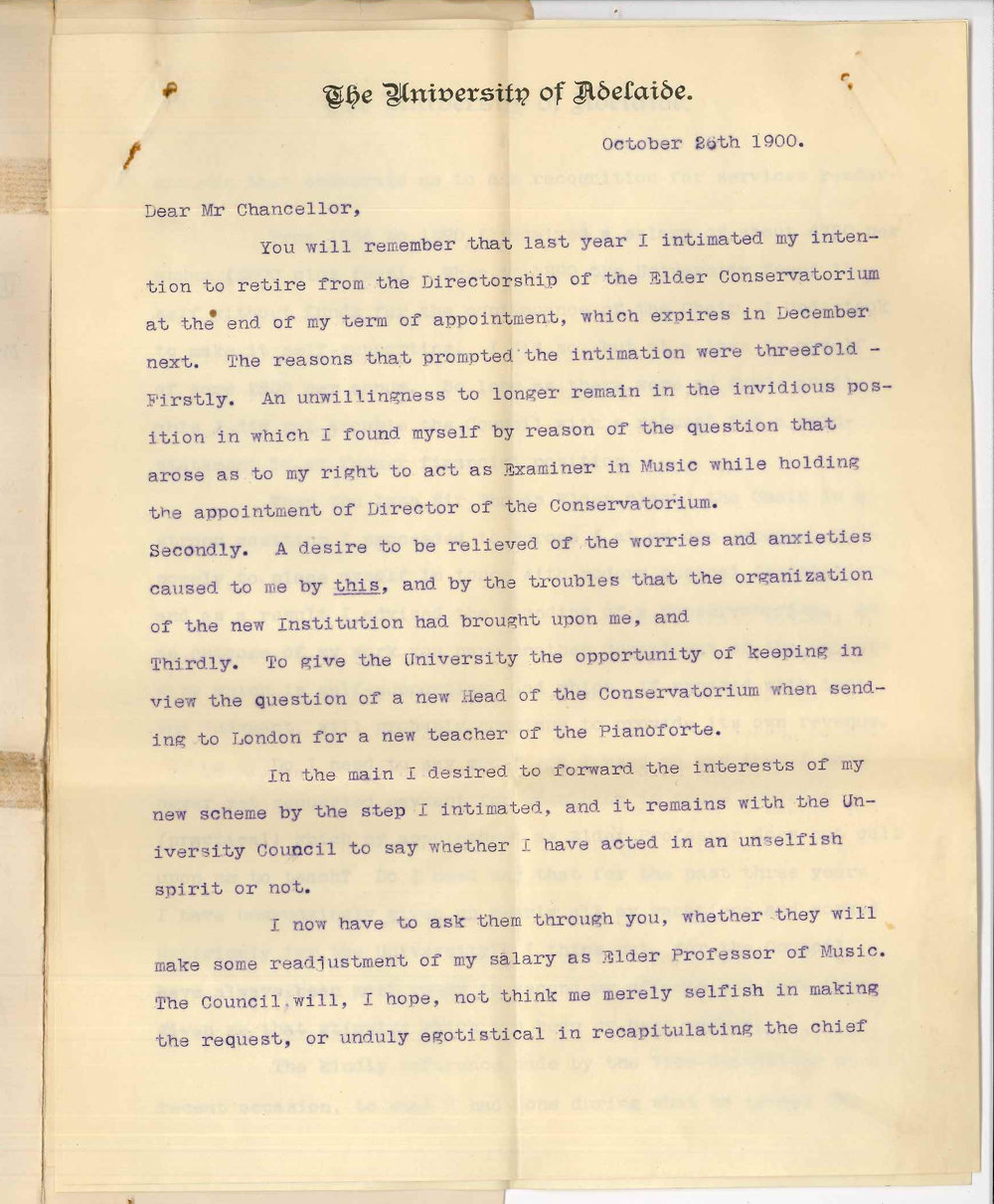 Professor Joshua Ives to Chancellor - Concerning his position as Professor of Music Salary etc