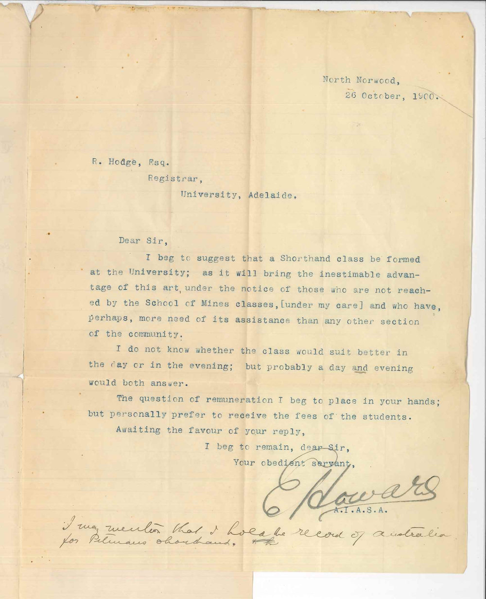 E Howard - North Norwood - Concerning teaching of shorthand at the University