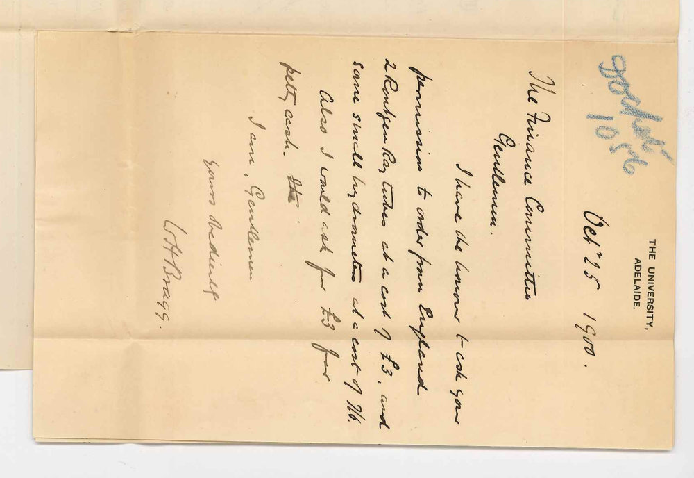 Professor William Henry Bragg and Professor Edward Charles Stirling - The University - Requesting petty cash and permission to order apparatus from England