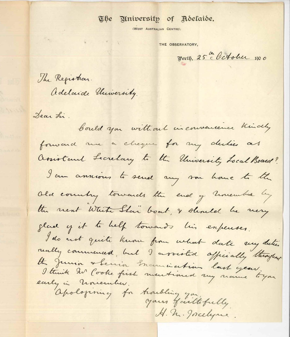 Henry Maurice Joscelyne - Assistant Secretary - University Centre Perth WA - Requesting honorarium for services as Assistant Secretary