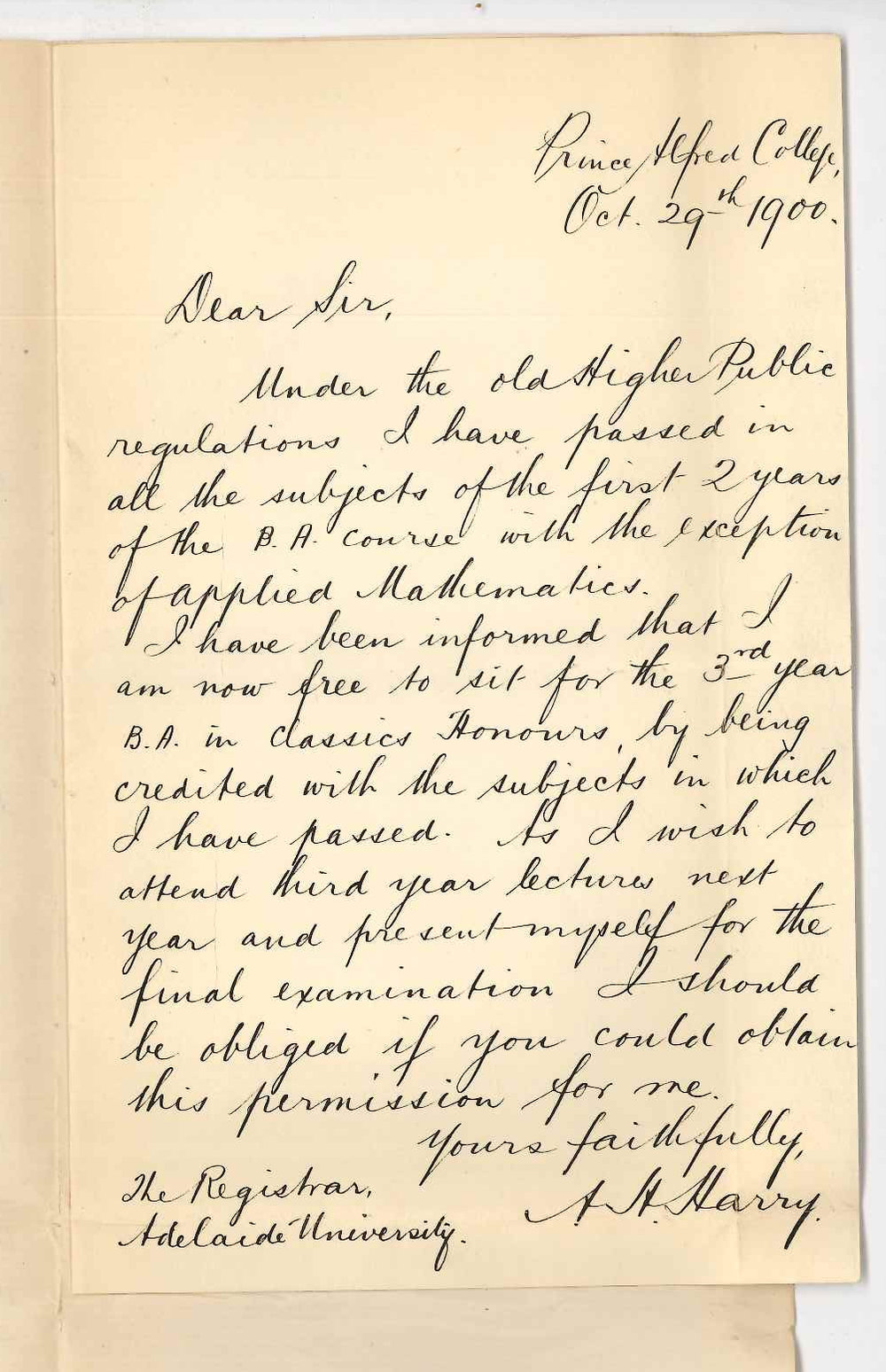 A H Harry - Prince Alfred College - Concerning BA Course