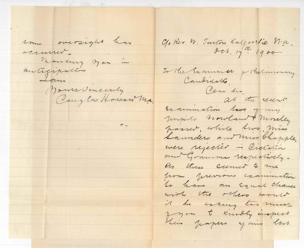 Douglas Howard MA - Kalgoorlie WA - Failure of candidates in Preliminary Examination