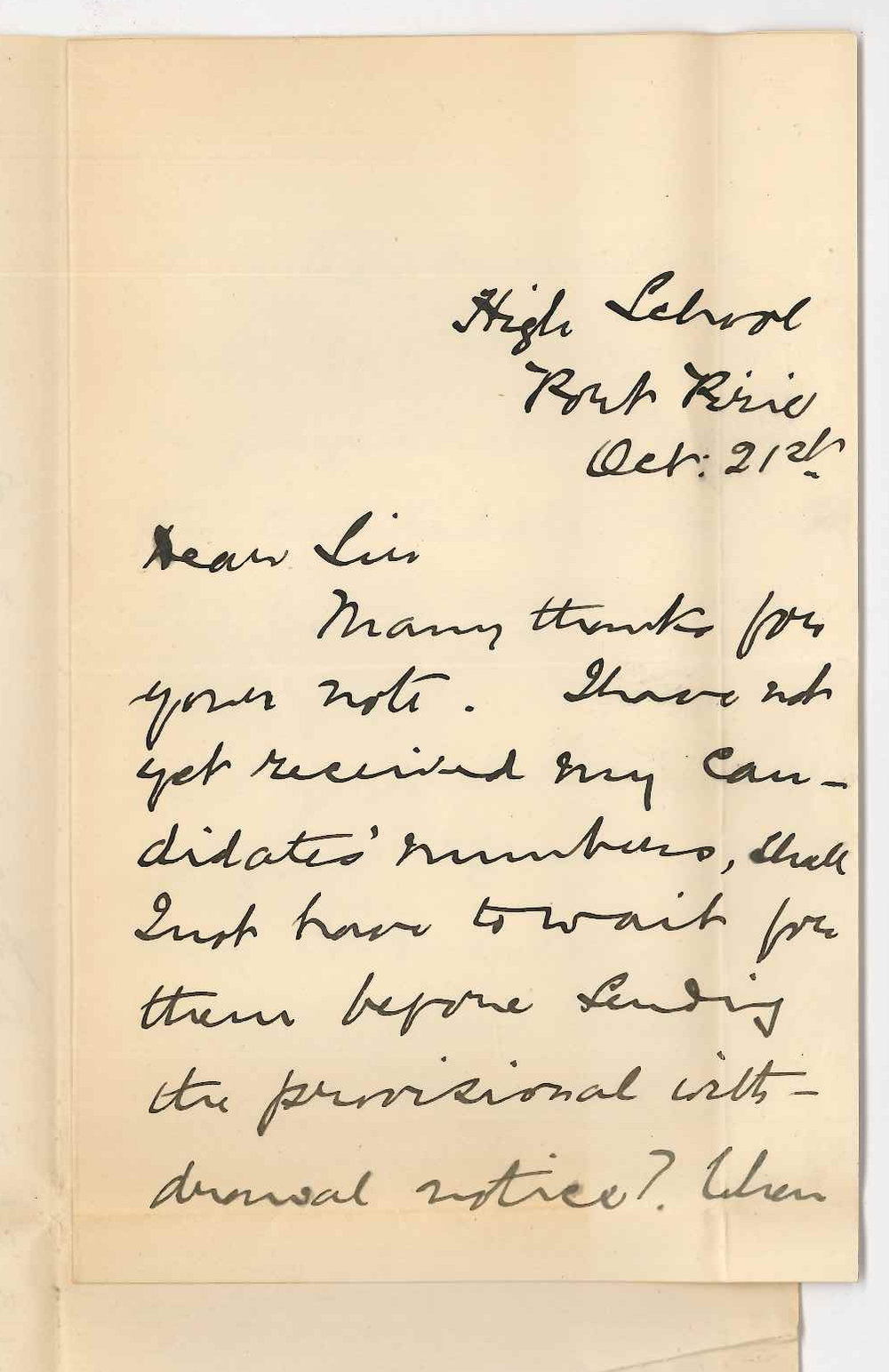 Miss Bessie Scott - High School - Port Pirie - Notice of withdrawal of candidate from Junior Practice of Music Examination