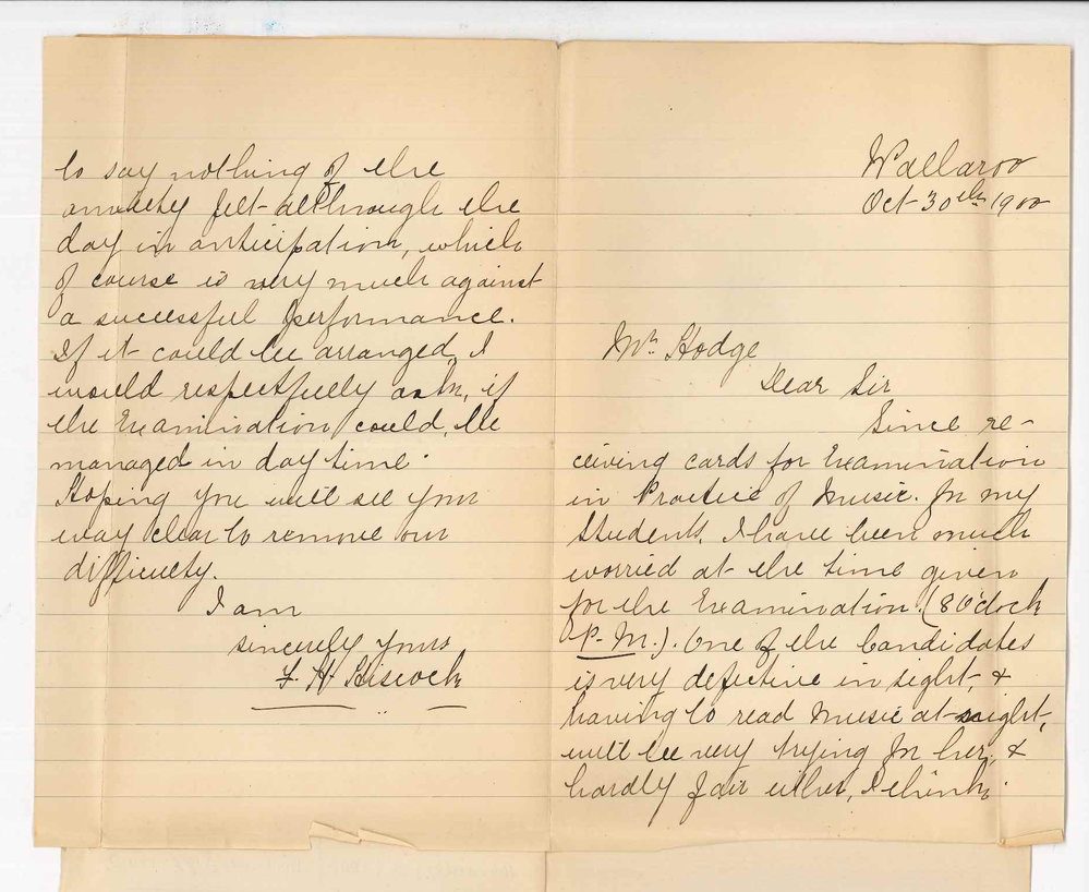 F H Hiscock - Wallaroo - Concerning time of Practice of Music Examination