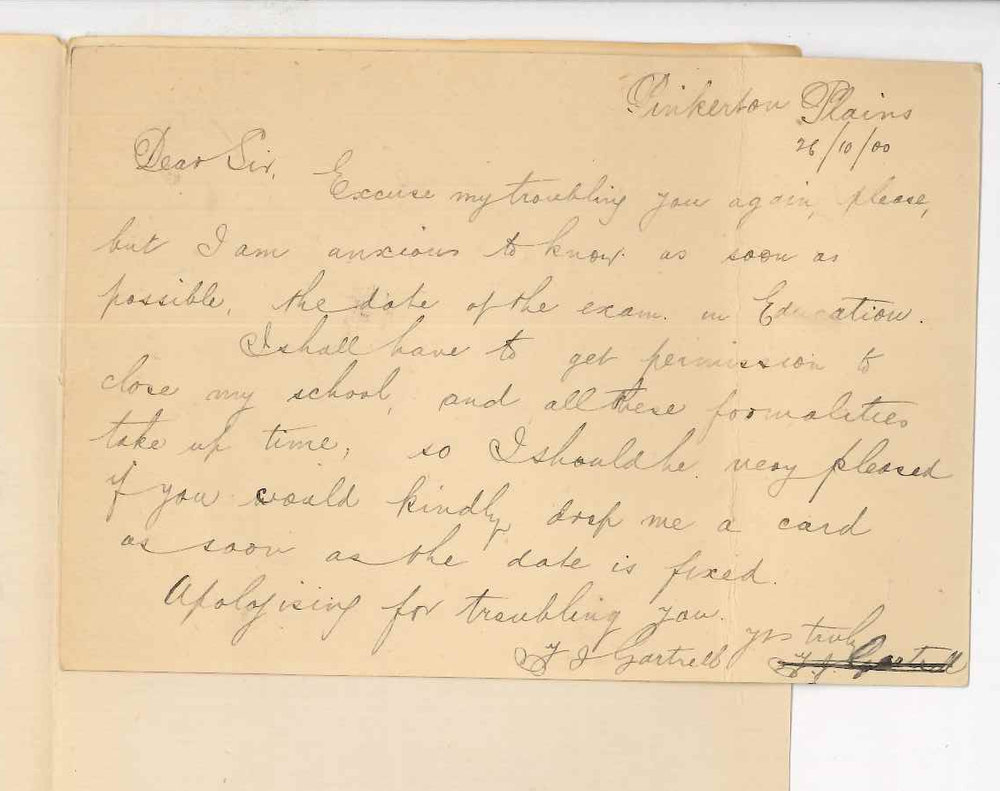 F J  Gartrell - Pinkerton Plains - Date of Examination in Education