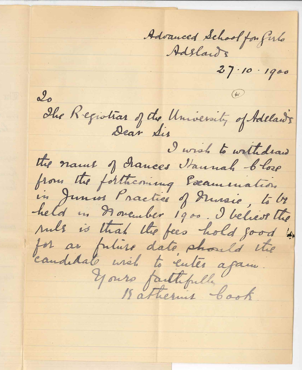 Miss Katherine Cook - Advanced School for Girls - Withdrawing candidate from Junior Practice of Music Examination Number 316