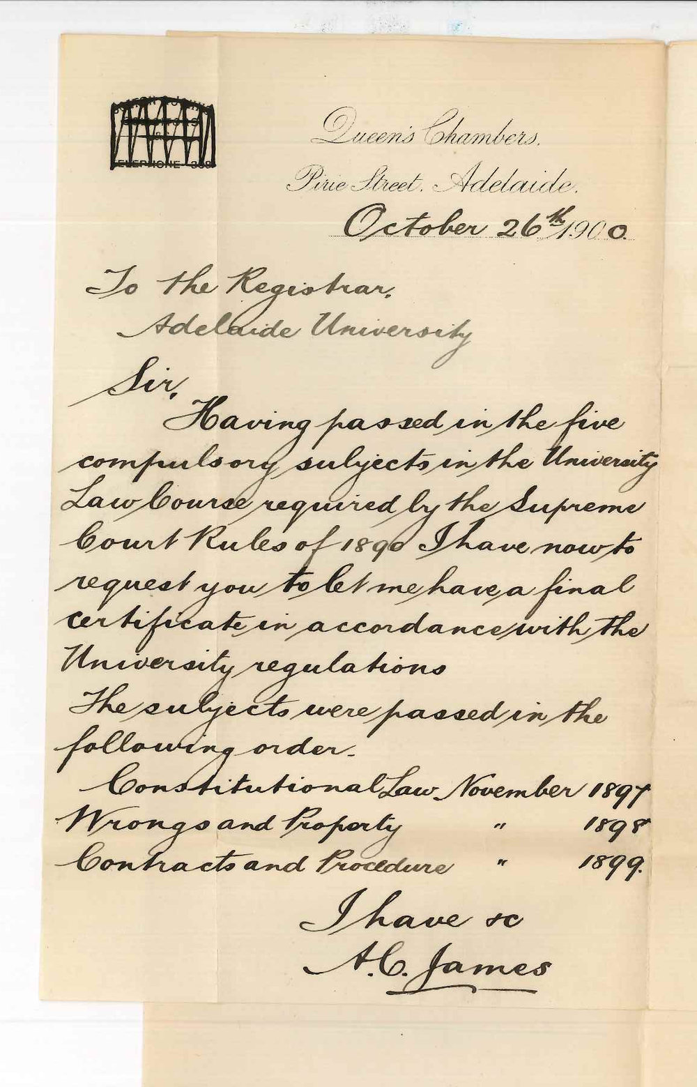 Alfred Charles James - Adelaide - Requesting final Law Certificates