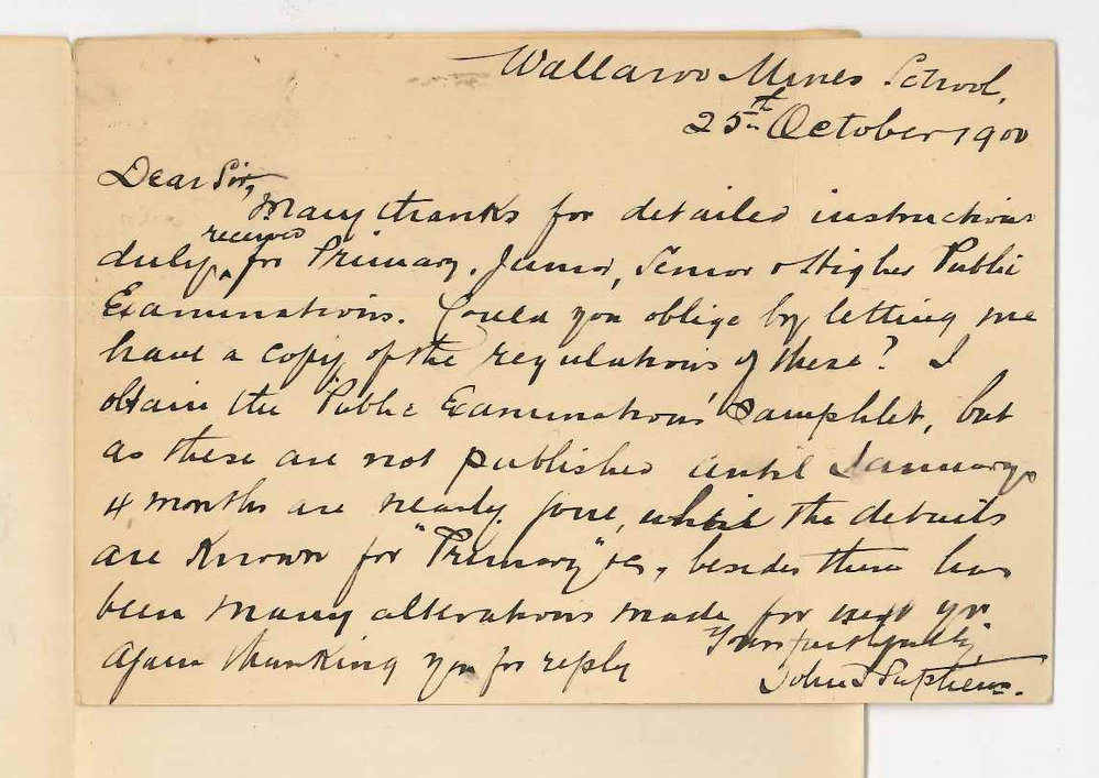 John J Stephens - Wallaroo Mines - Requesting copy of Regulations for Public Examinations