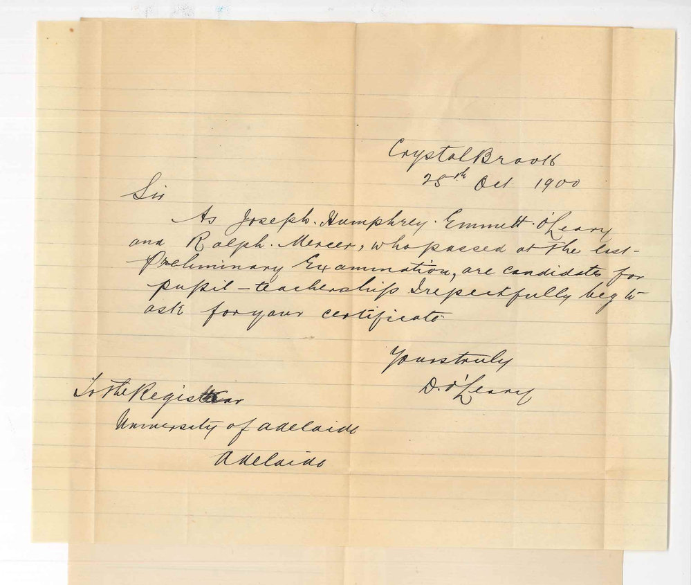 D O'Leary - Crystal Brook - Requesting Certificates for passes in Preliminary Examination