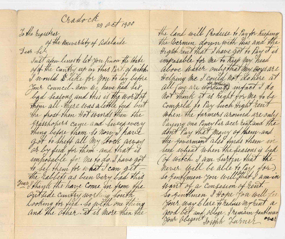 Joseph Turner - Cradock - Concerning rent of land at Wirreanda