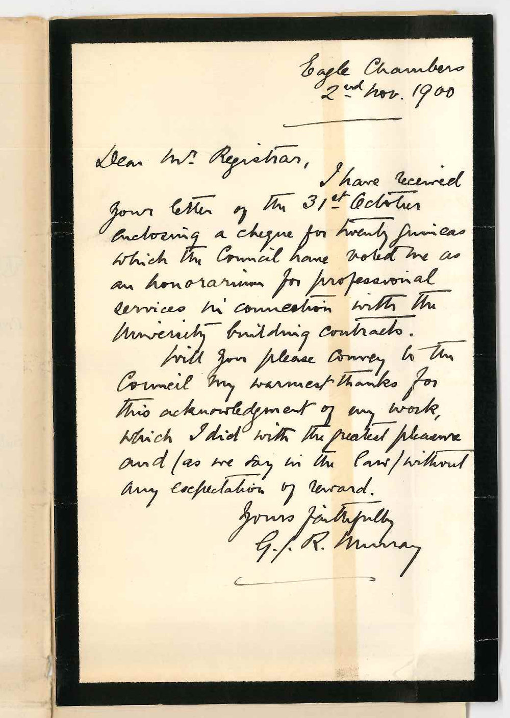 G J K Murray BA LLB - Adelaide - Thanking Council for honorarium
