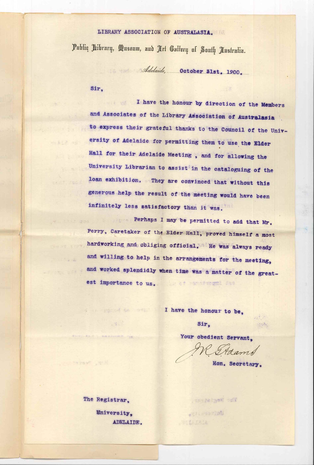 J R G Adams - Honorary Secretary - Library Association of Australia - Thanking Council for use of Elder Hall and assistant of Librarian