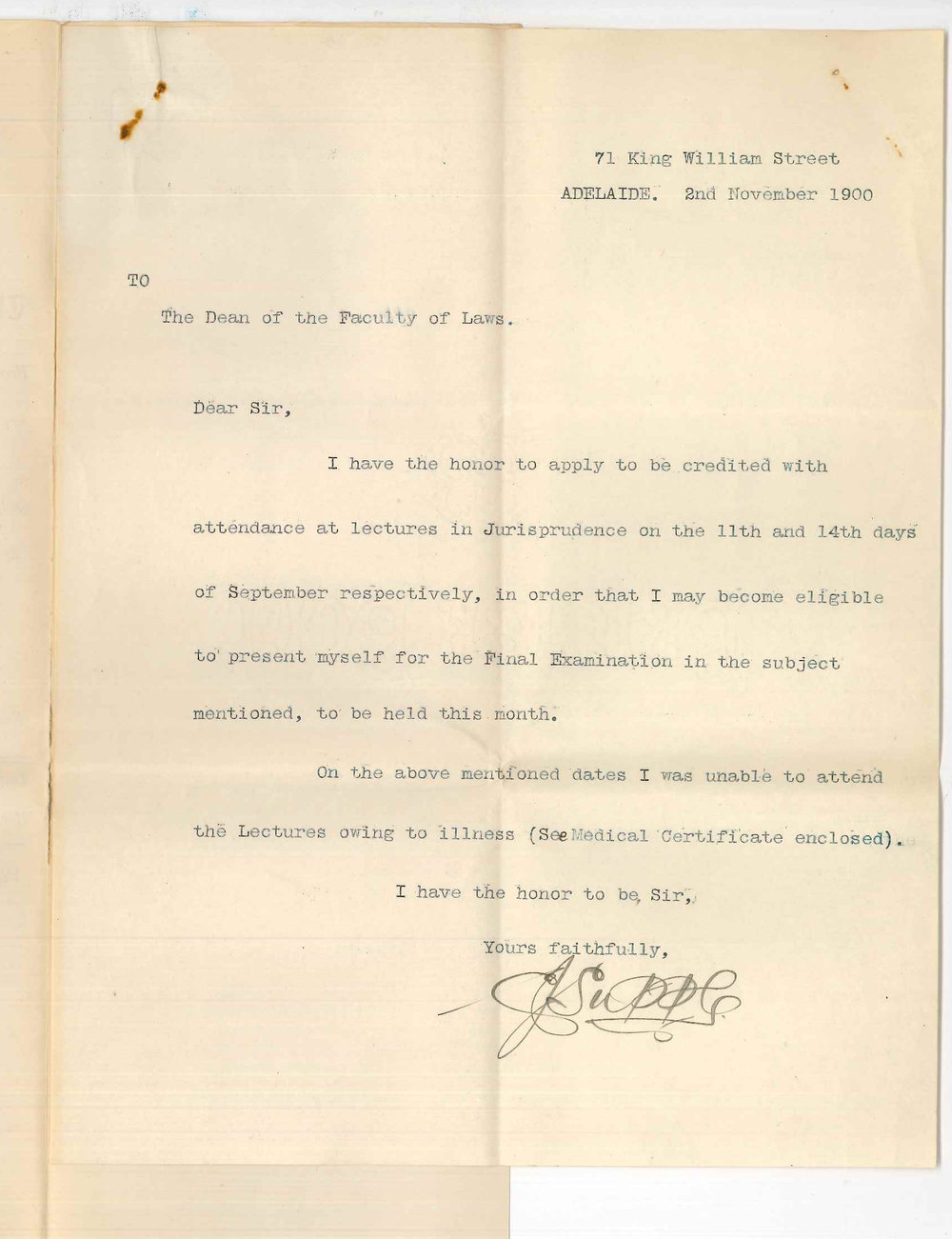 Charles Joseph Supple - Adelaide - Exemption from attendance of Law lectures