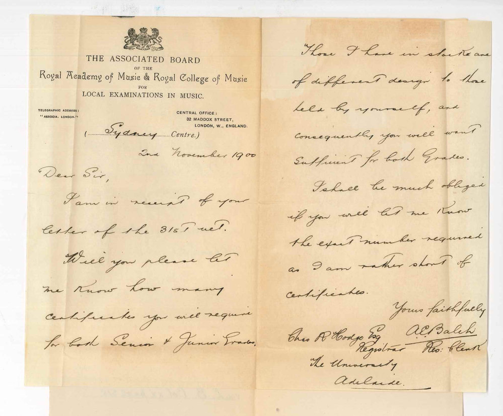 A E Balch - Resident Clerk - Associated Board - Sydney - Asking number of Music Certificates required