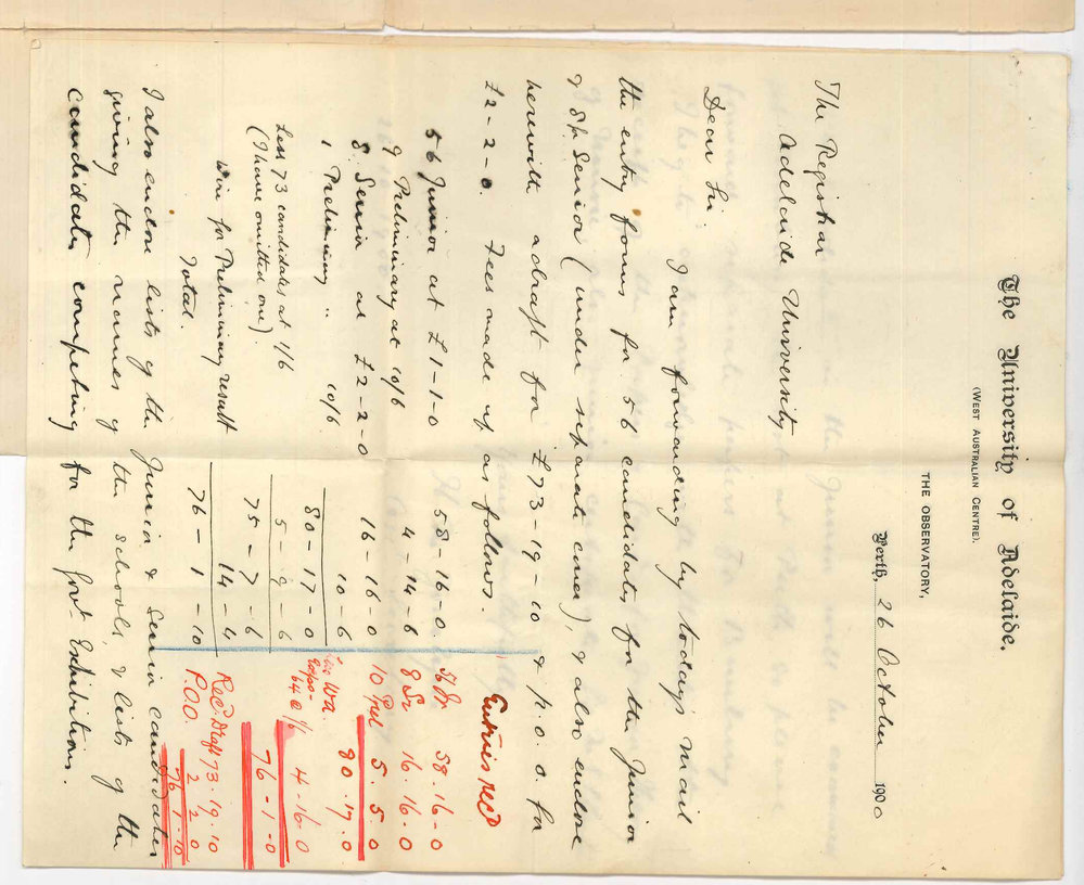 Henry Maurice Joscelyne - Perth - Forwarding entries for Public Exams - Acknowledging receipt of papers and cards for junior Theory Exam and Junior Public Certificate for M E L Cantor
