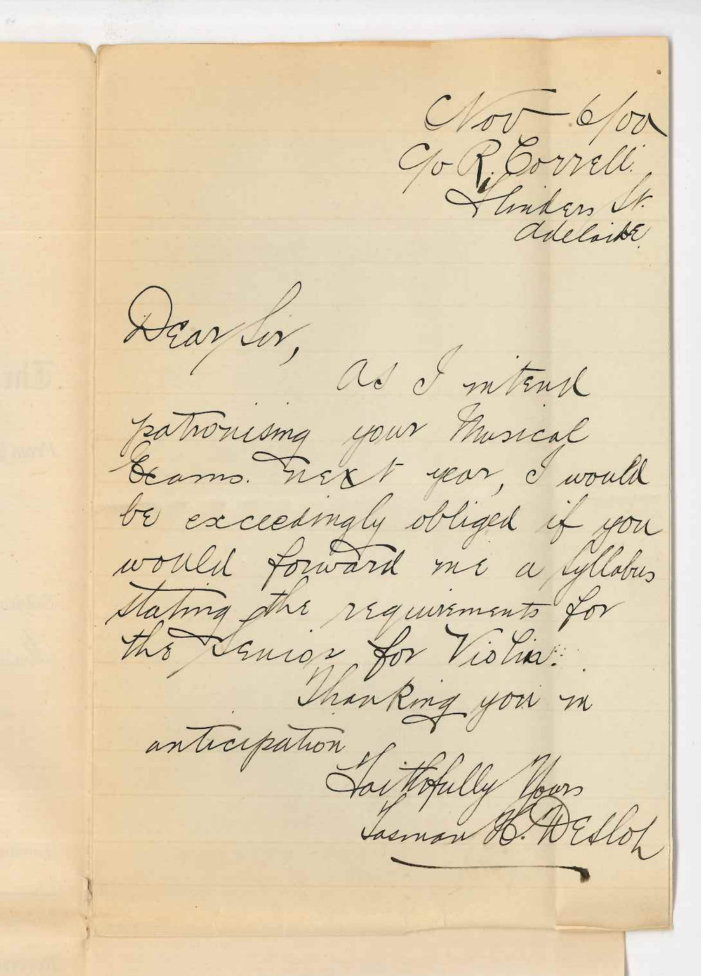 Tasman H Deslop - Adelaide - Requesting information concerning Music Examinations