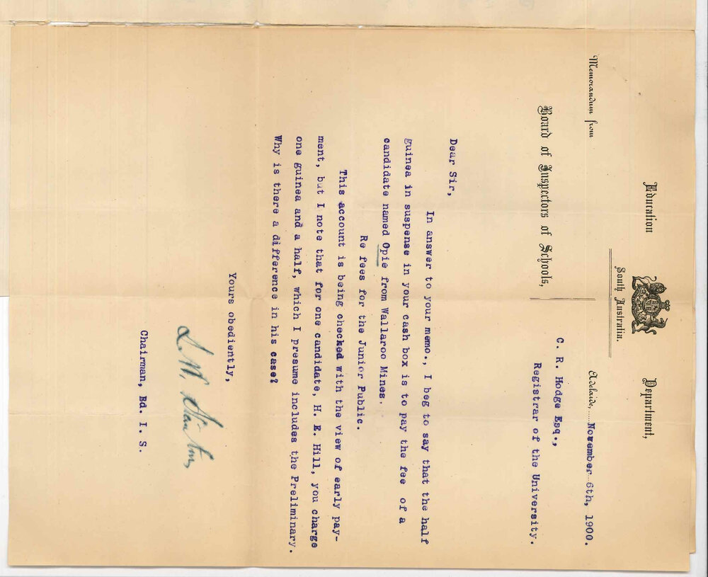 L W Stanton - Chairman Board of Inspectors of Schools - Concerning Fees for Preliminary and Junior Public Examinations