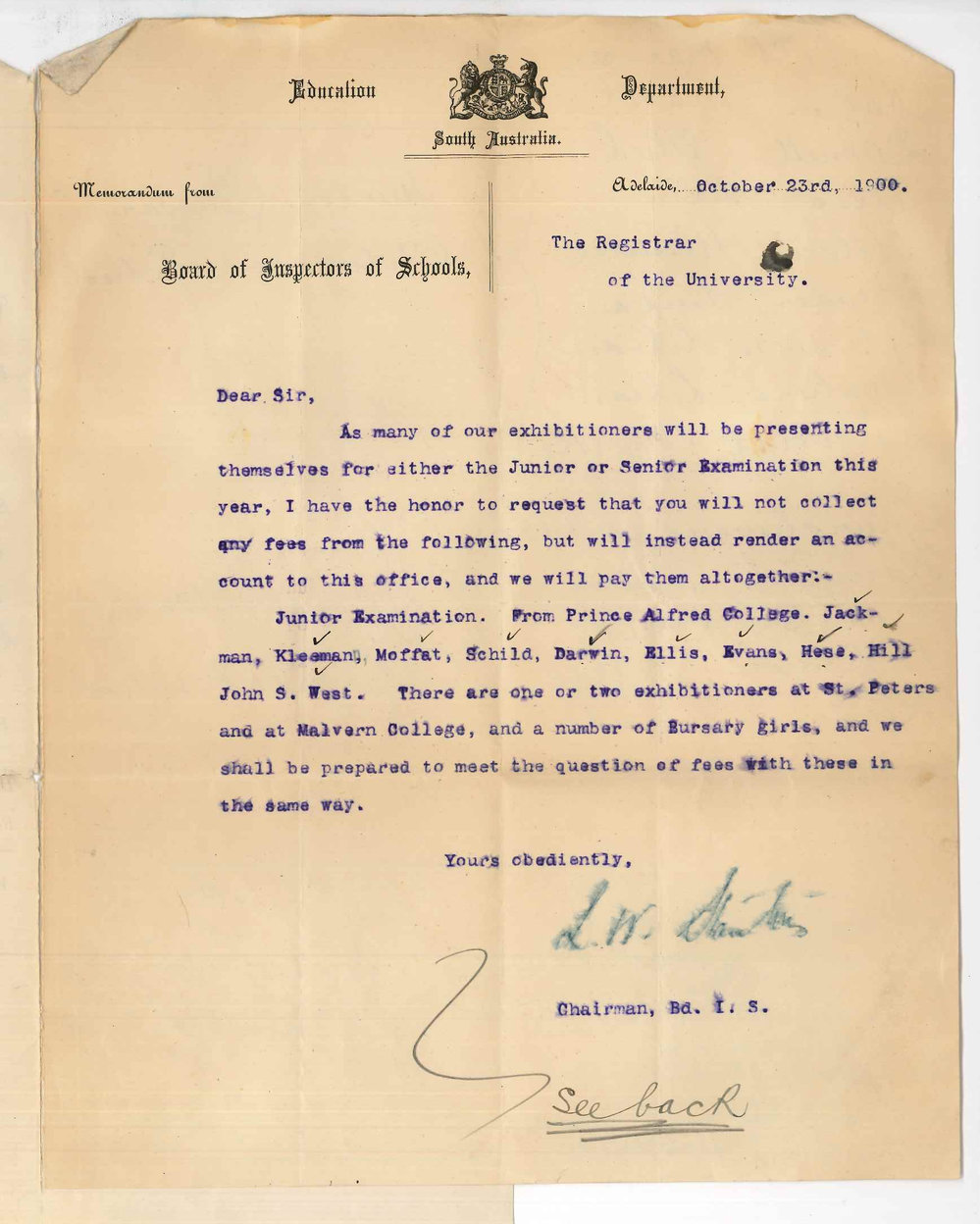 L W Stanton - Chairman Board of Inspectors of Schools - Fees for Junior and Senior Public Exams for Exhibitioners will be paid by Education Department