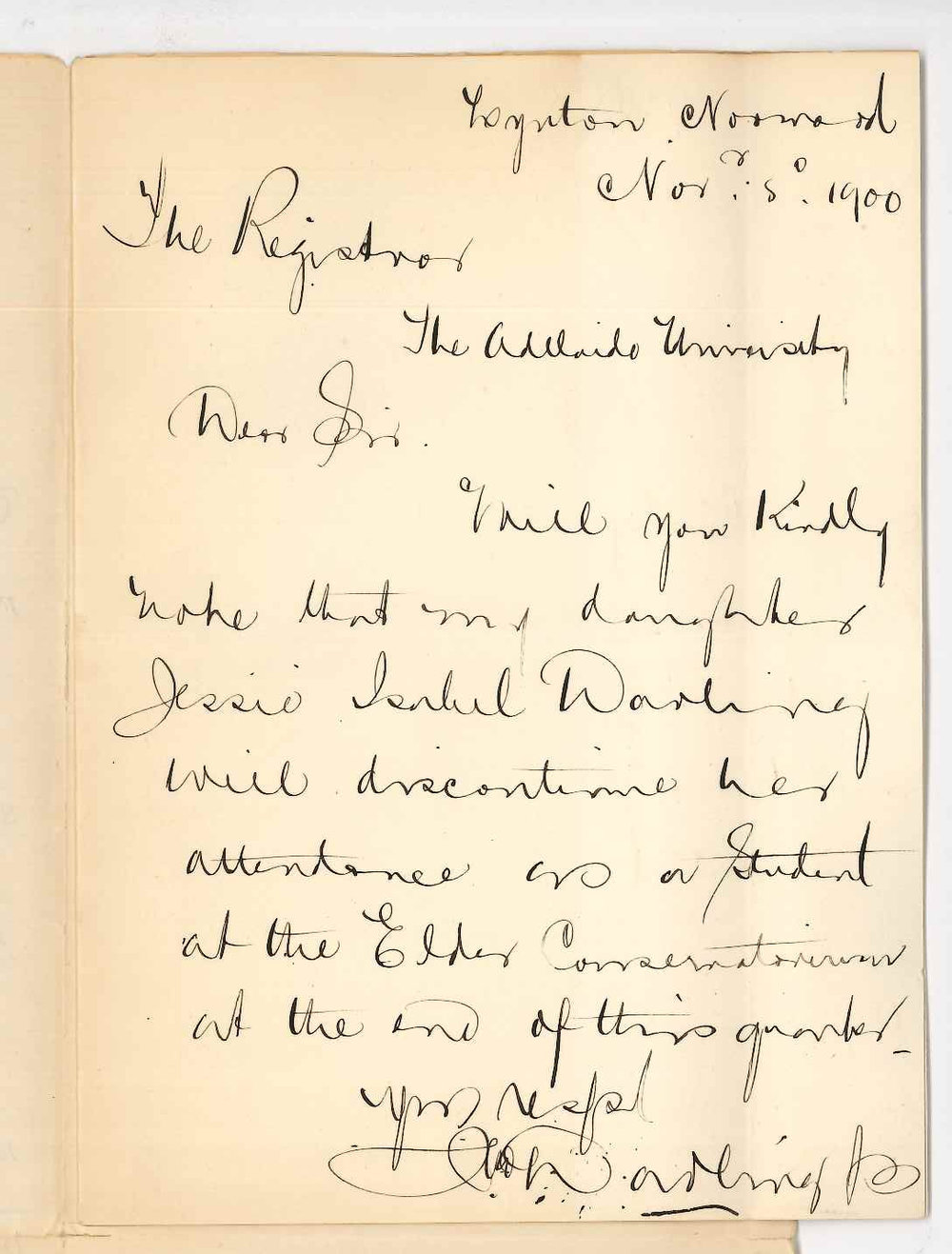 J Darling Jnr - Norwood - Miss J I Darling will not continue lessons at the Conservatorium