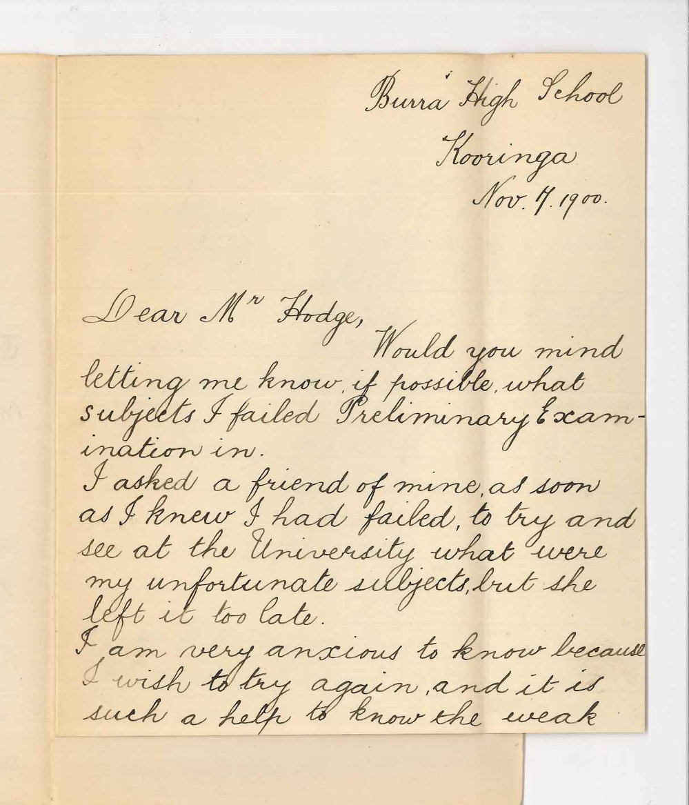 Miss Muriel Lane - Burra High School - Kooringa - Concerning failure in Preliminary Examination