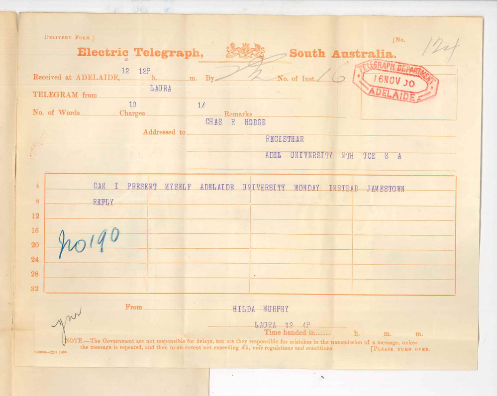 Miss Hilda Murphy - Laura - Wishes to come to Adelaide for Examination
