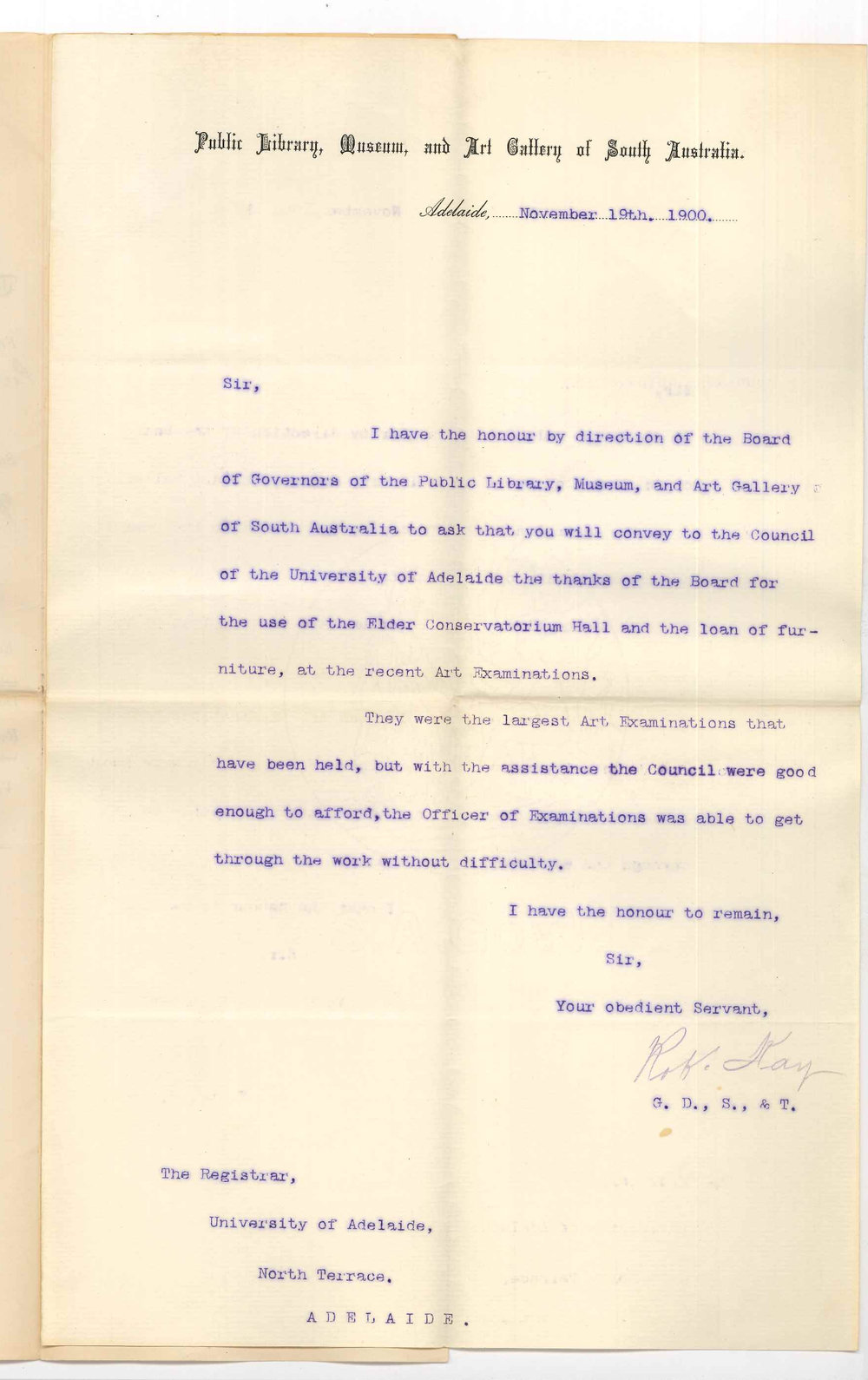 Robert Kay - Secretary - Public Library Museum and Art Gallery of SA - Thanking Council for use of Elder Hall for Art Examinations