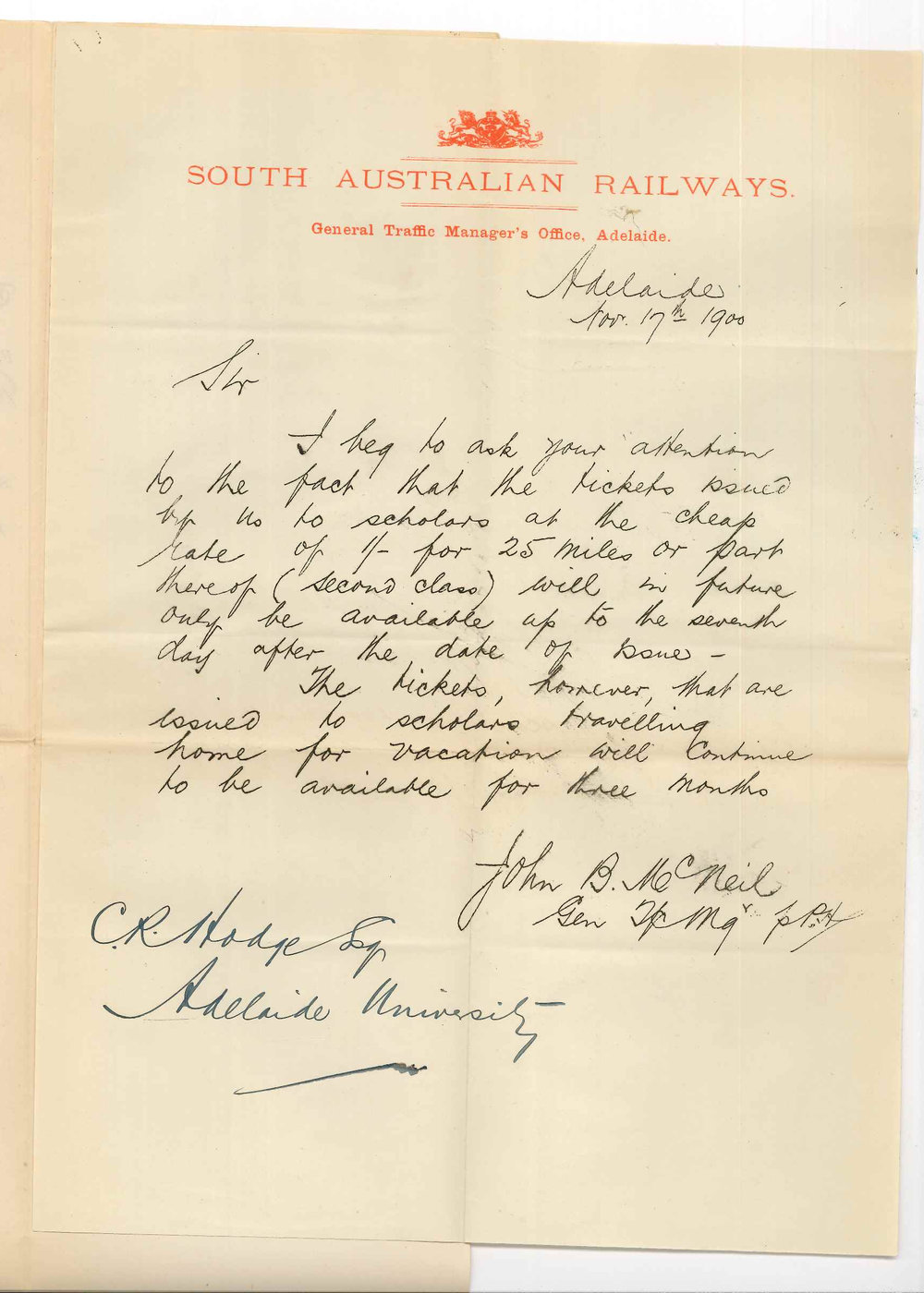 John B McNeil - General Traffic Manager - South Australian Railways - Concerning tickets issued to students at reduced rates
