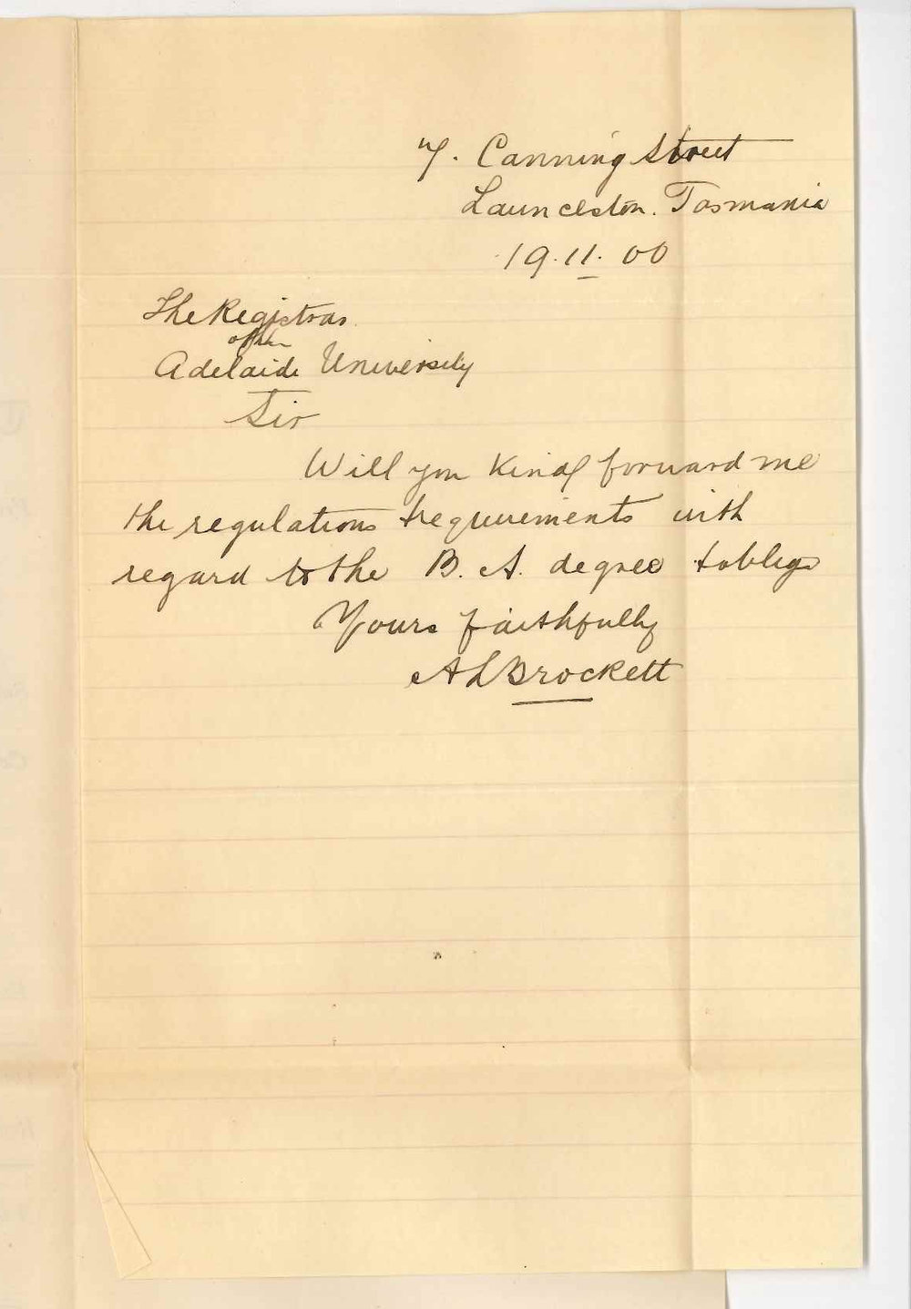 A L Brockett - Launceston Tasmania - Requesting information concerning BA Course
