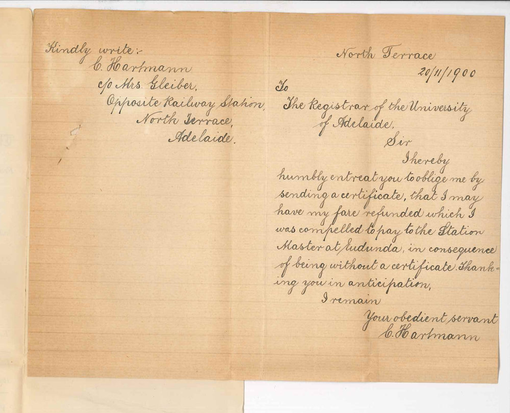 C Hartmann - Adelaide - Requesting Railway Certificate