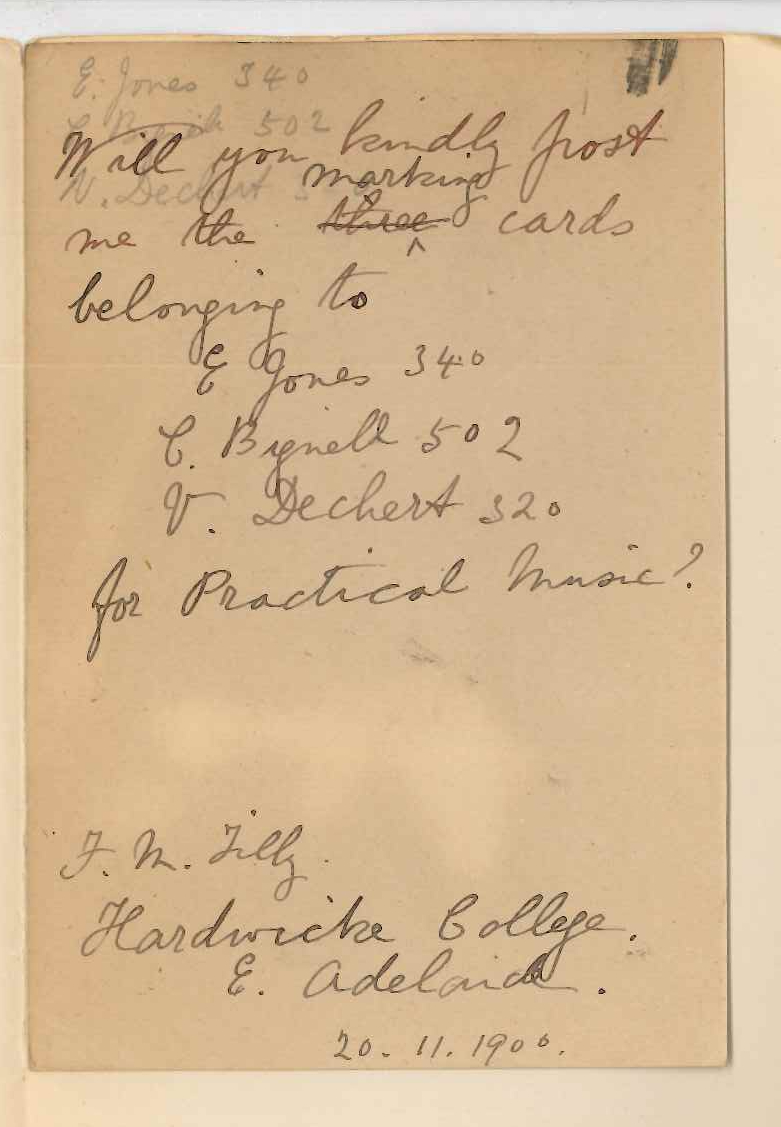 Miss F M Tilly - Hardwick College - Requesting cards of marks