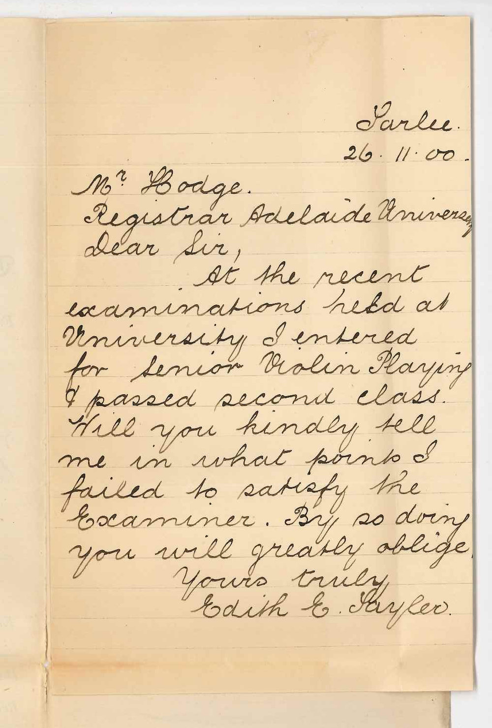 Miss Edith E Tayler - Tarlee - Concerning pass in senior practice of music examination