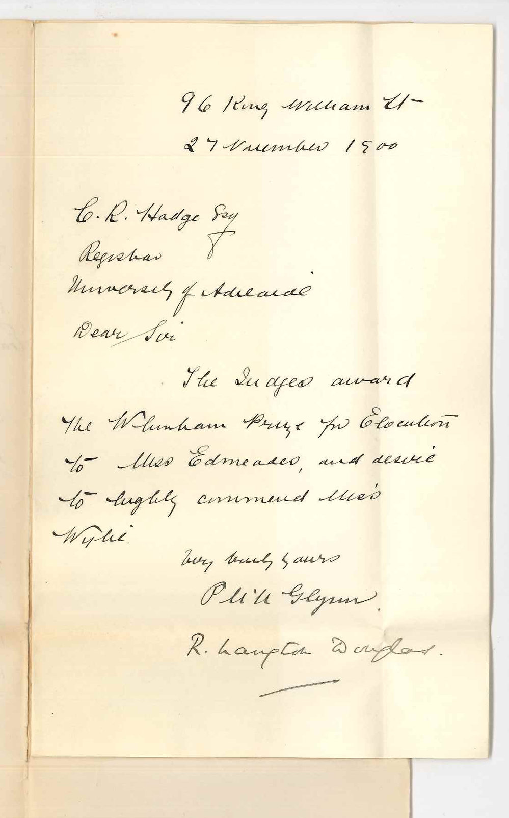 P U Glynn - For Examiners for Whinham Prize in Elocution - Award of Elocution Prize to Miss Marie Edmeades