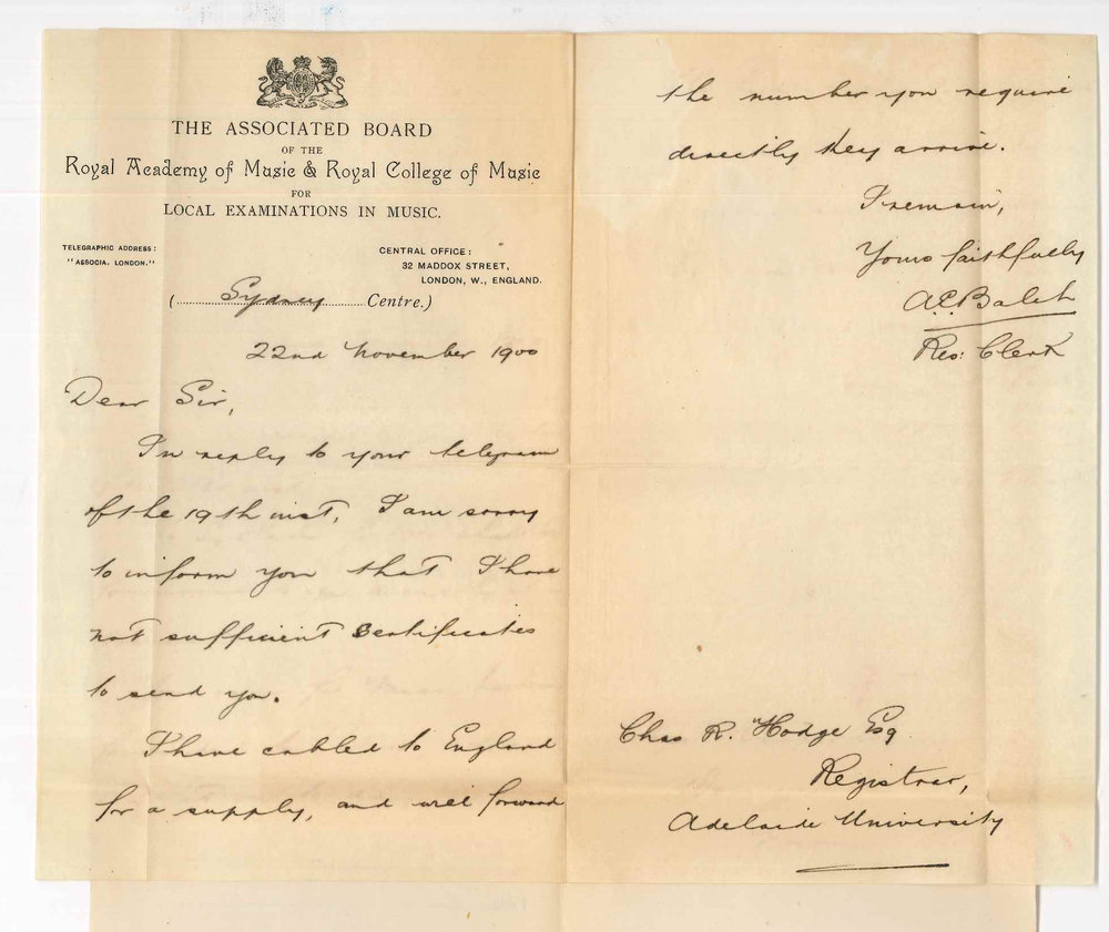 A E Balch - Resident Clerk - Associated Board - Sydney - Unable to send Certificates asked requested