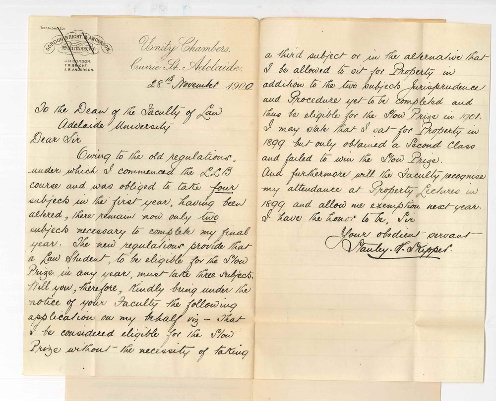 Stanley H Skipper - Adelaide - Concerning regulations for Stow Prize
