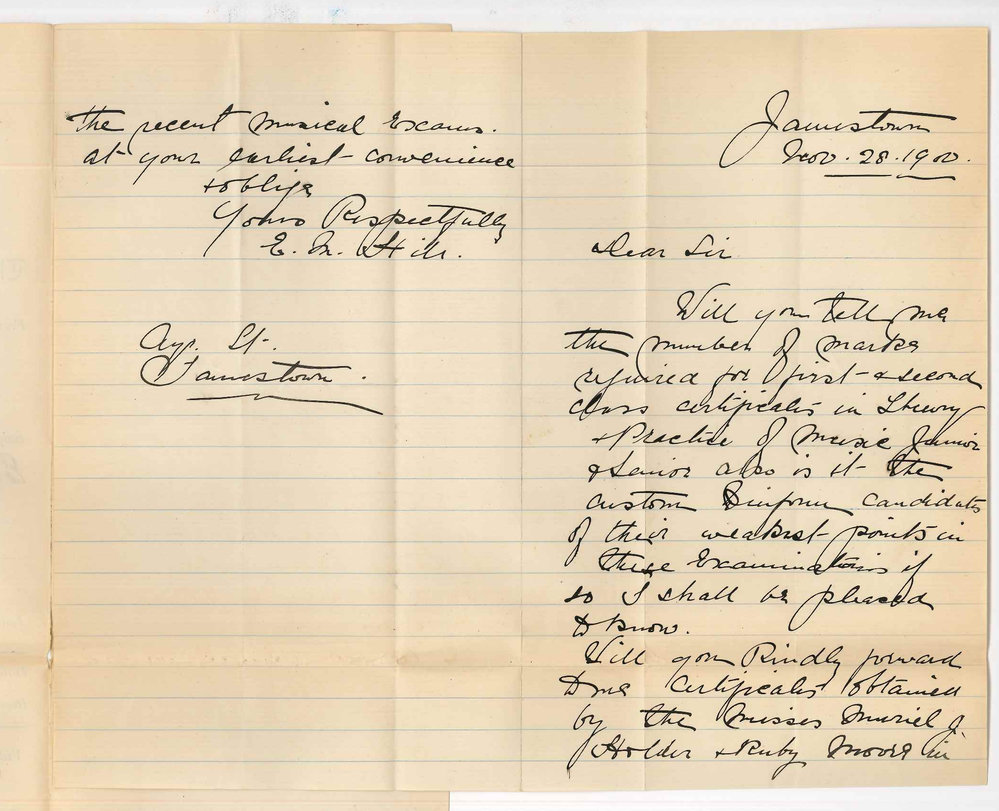 Miss E M Hill - Jamestown - Concerning Music Examinations