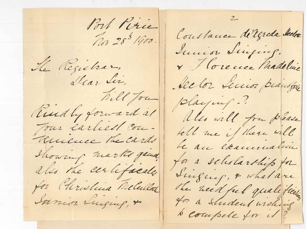 Mrs Florence Cairns - Port Pirie - Requesting certificates cards of marks and information concerning Elder Scholarship in singing