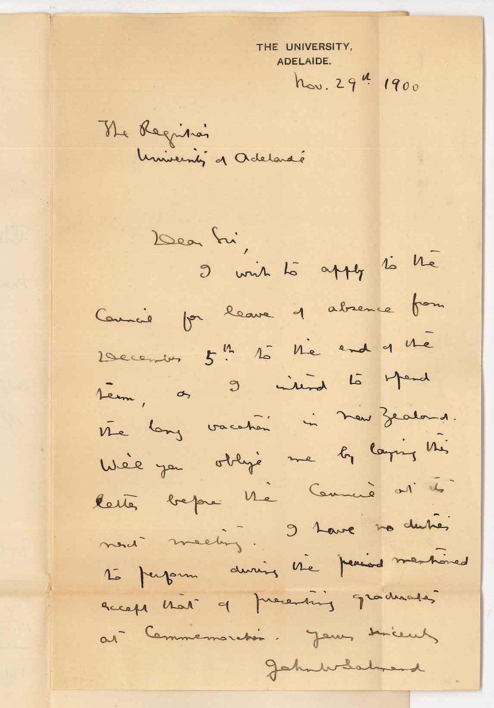 Professor John William Salmond  - The University - Application for leave of absence