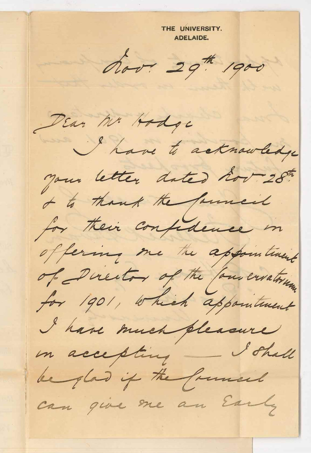 Frederick Bevan - The University - Conservatorium - Accepting position as Acting Director of the Conservatorium