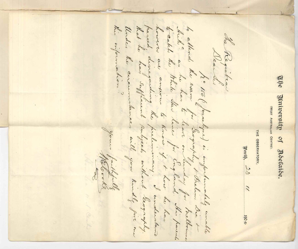 Examinations - W E Cook - Hon Secy Perth Centre WA - Juniour Public Candidate complaint from Mr Gillespie