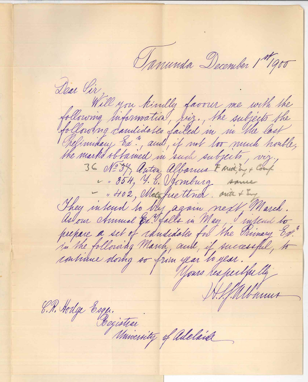 H L J Albanus - Tanunda - Information regarding failure candidates Preliminary