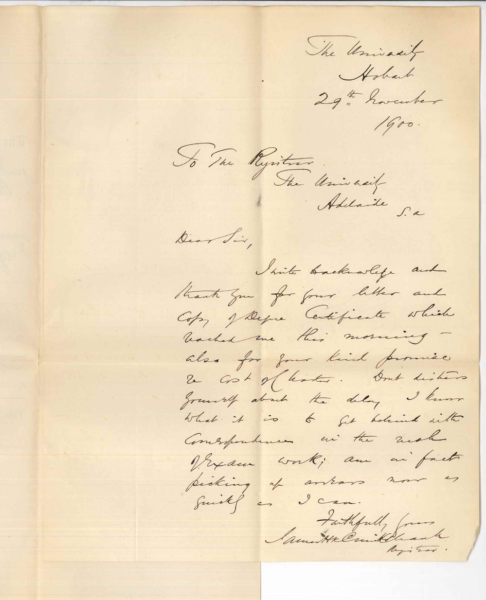 James H R Cruickshank - Registrar - University Hobart - Tasmania - Thanks for copy of Degree Certificate etc