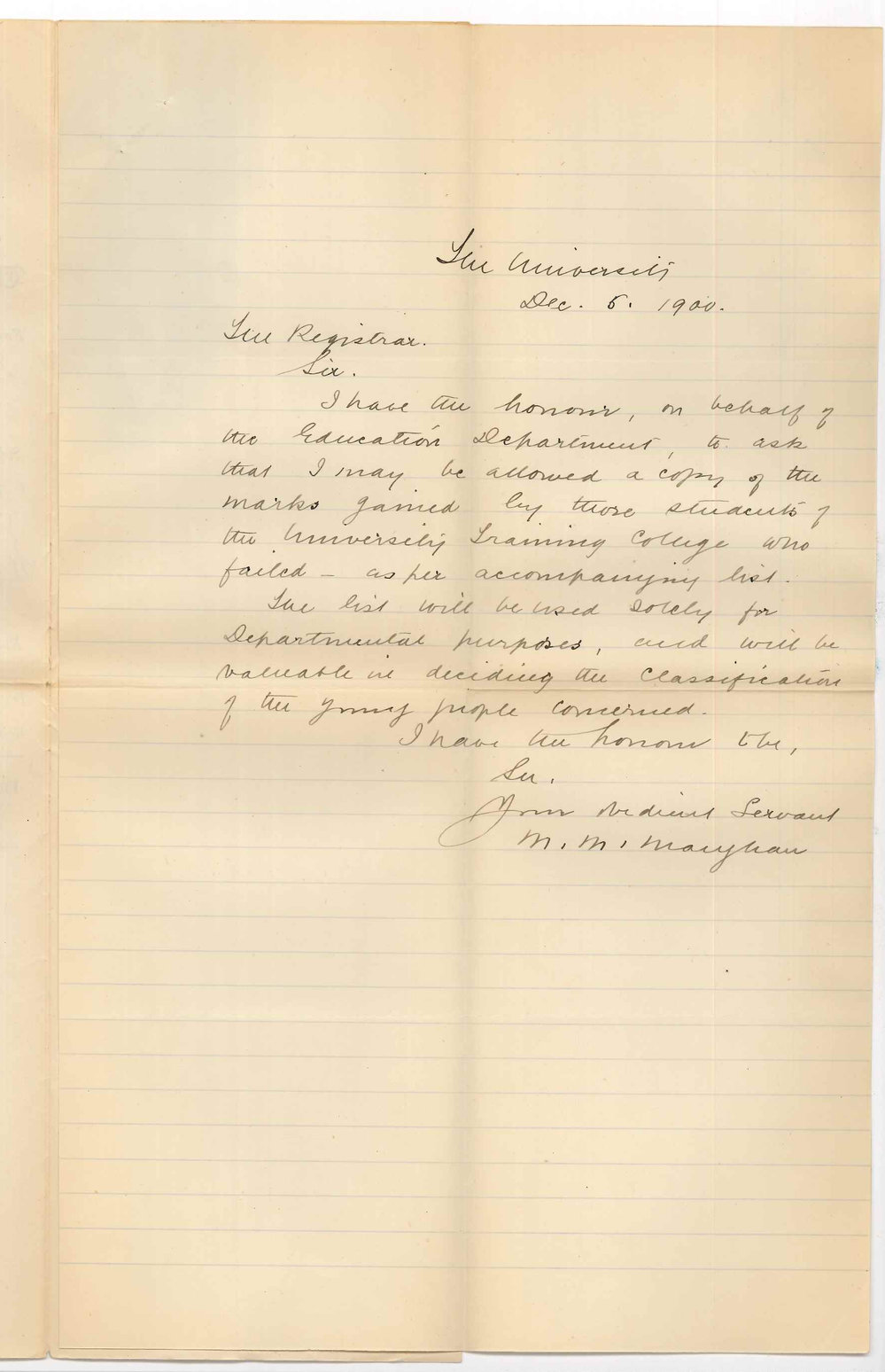 M M Maughan - The University - Asking number of marks gained by Training College Students who failed at BA Examinations